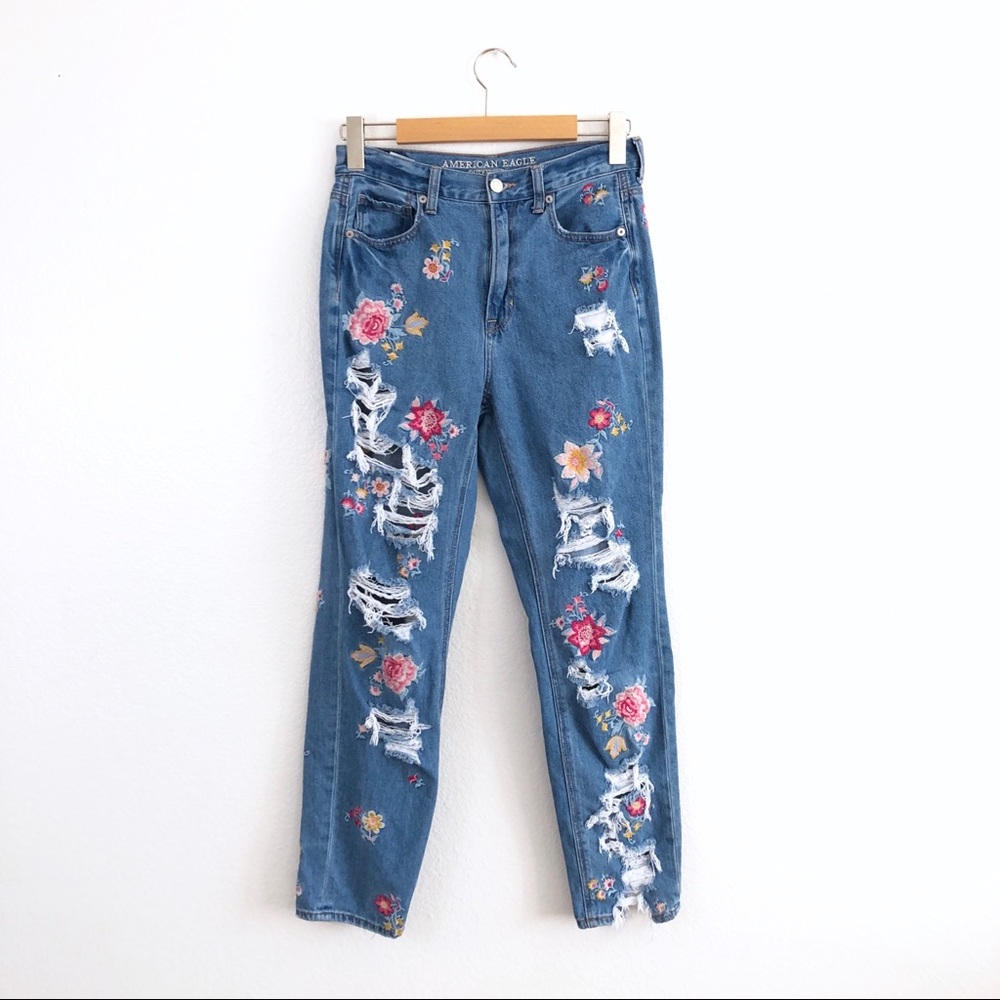 AEO Floral Embroidered Skinny Denim Ripped Jeans
